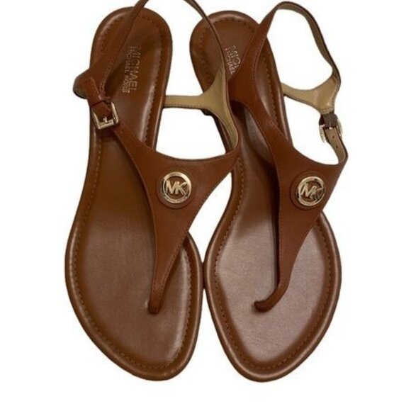 Michael Kors "Ramona" Brown Leather Thong Sandals With Gold MK Logo SZ 9 - Picture 1 of 1